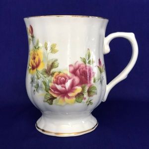 Vintage Bone China Mug; Viceroy, Pink & Yellow Roses, Greenery, Gold Accents.